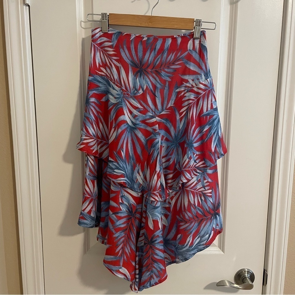 NWT Farm Rio Tiered Midi Skirt Palm Leaves Marlin Red Blue Size XS